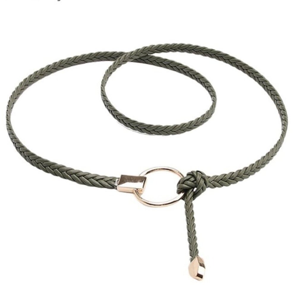 PU Leather Olive Green Braided Skinny Tie Belt